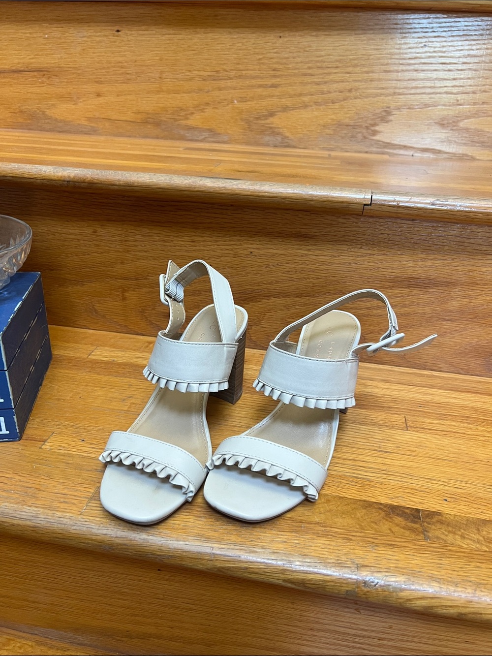 LC Lauren Conrad Cream Ruffle Strap Block Heels